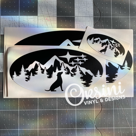 * Dog in Mountains & Trees Emblem Overlay Decal Set