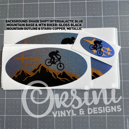 * Mountain Biker on Two-Color Mountain Emblem Overlay Decal Set