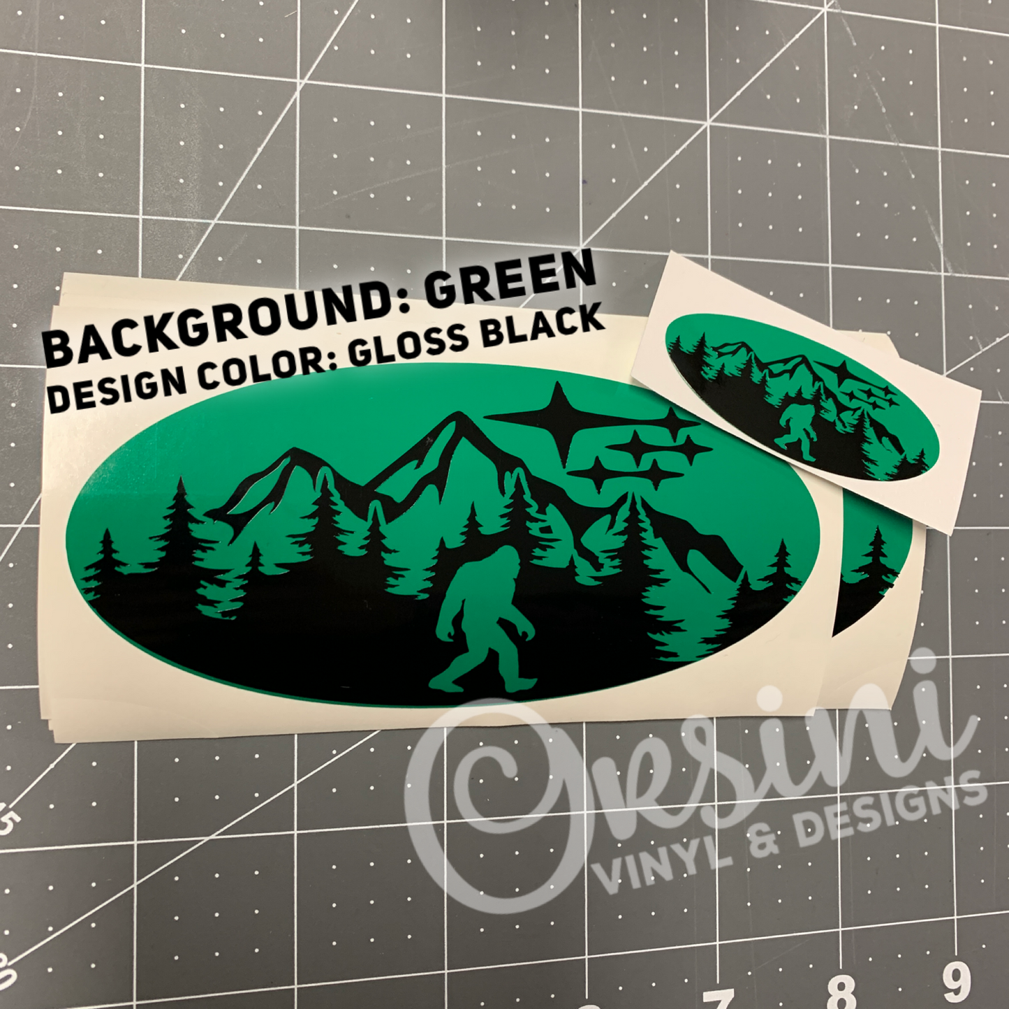 Bigfoot in Mountains/Trees Emblem Overlay Decal Set
