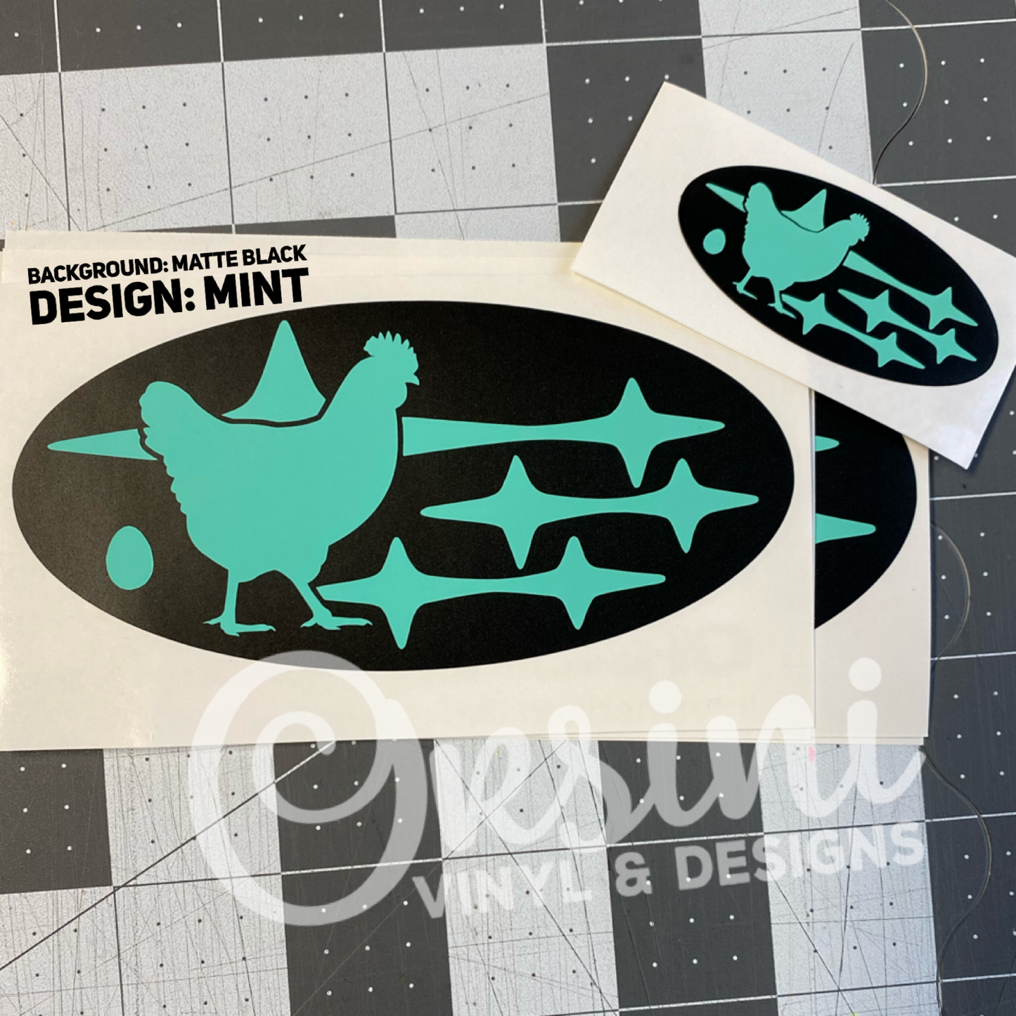 Chicken Laying an Egg in Subaru Stars Emblem Overlay Decal Set