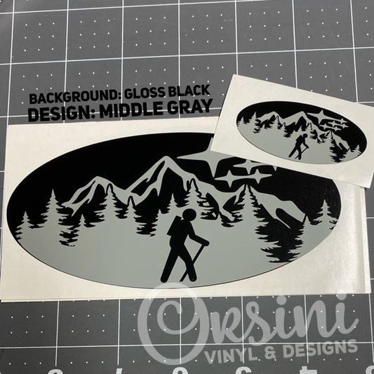 Hiker in Trees and Mountains with Stars Emblem Overlay Decal Set